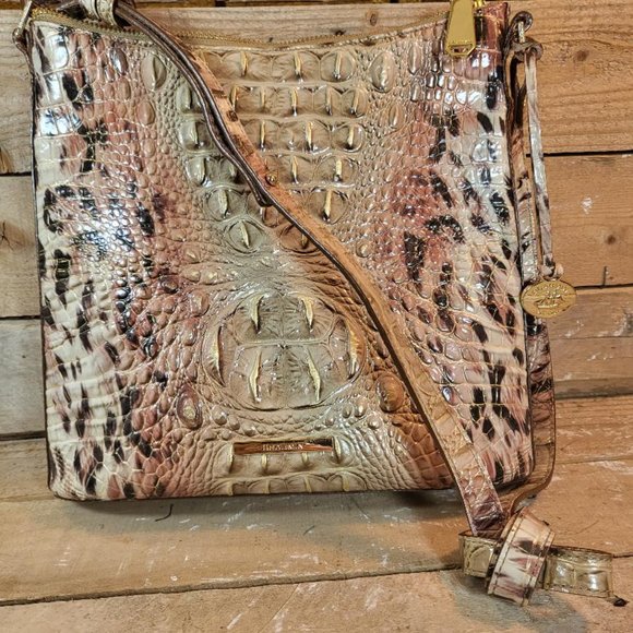 BRAHMIN LOVELY CROC GOLD METALLIC EMBOSSED LEATHER HANDBAG - Picture 1 of 8